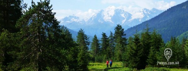 Снежные горы, леса и туристы - типичный пейзаж для Сванетии, Грузия